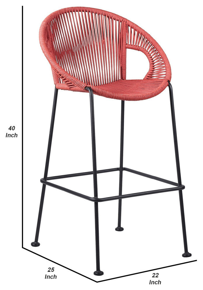 Benzara BM246125 Indoor Outdoor Bar Stool With Rounded Rope Woven Seat, Pink