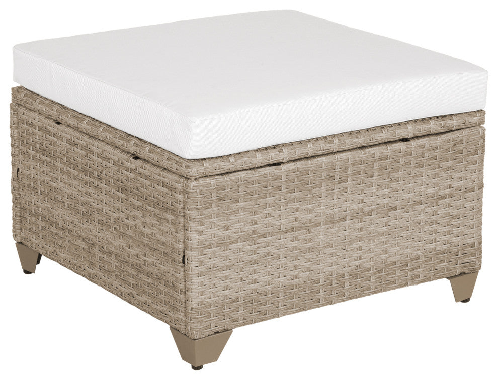 Maui Outdoor Ottoman, Natural Aged Wicker, Linen White