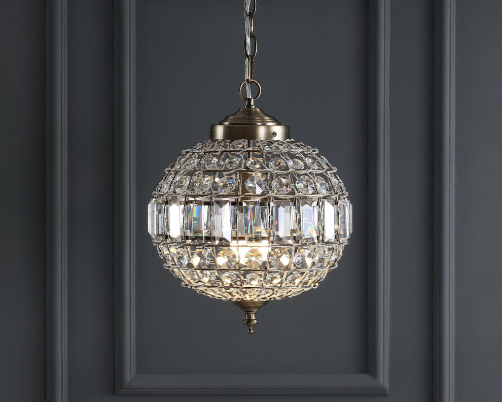 Georgina Crystal, Metal LED Chandelier Pendant, Antique Brass, 12"