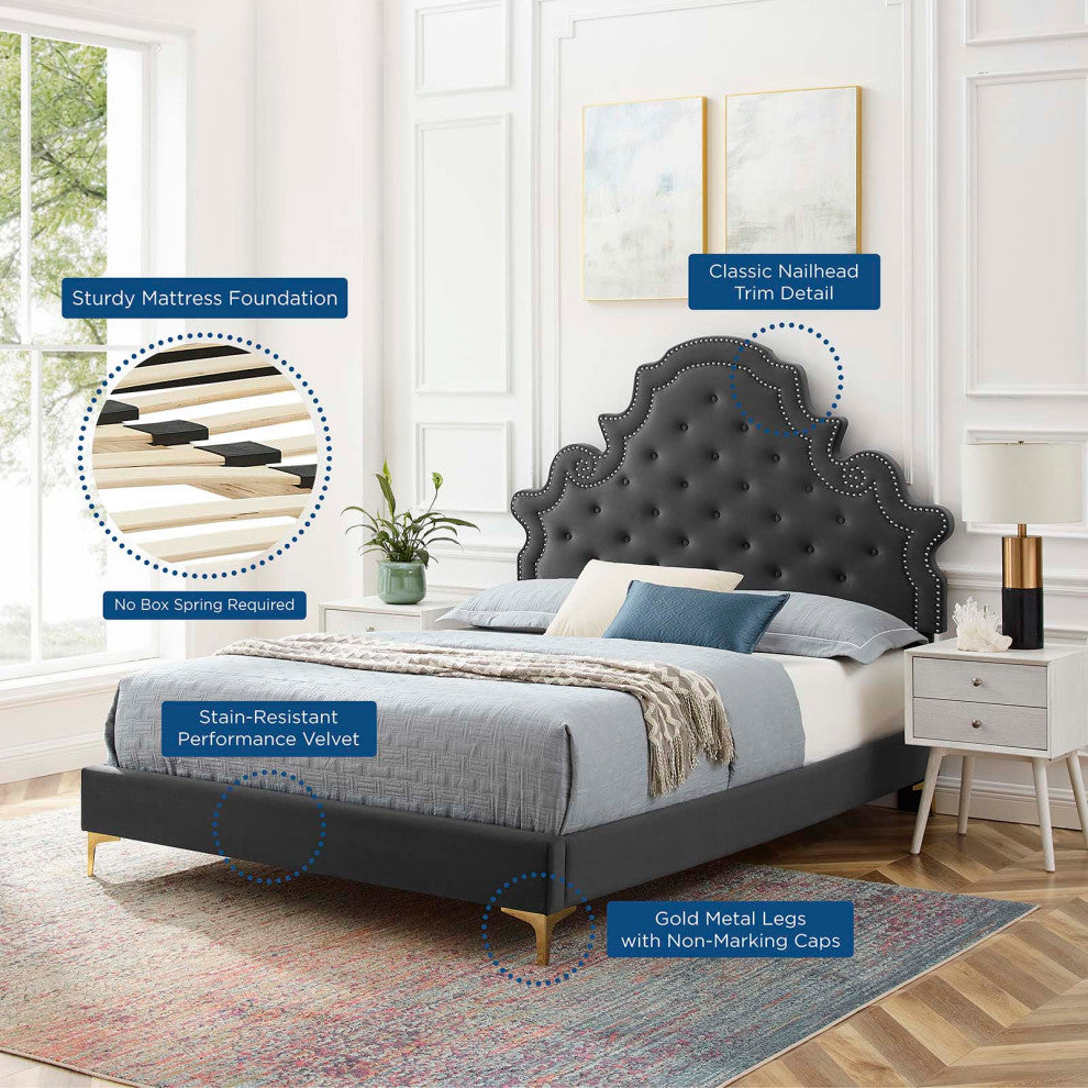 Tufted Platform Bed Frame, King Size, Velvet, Gray, Modern Contemporary