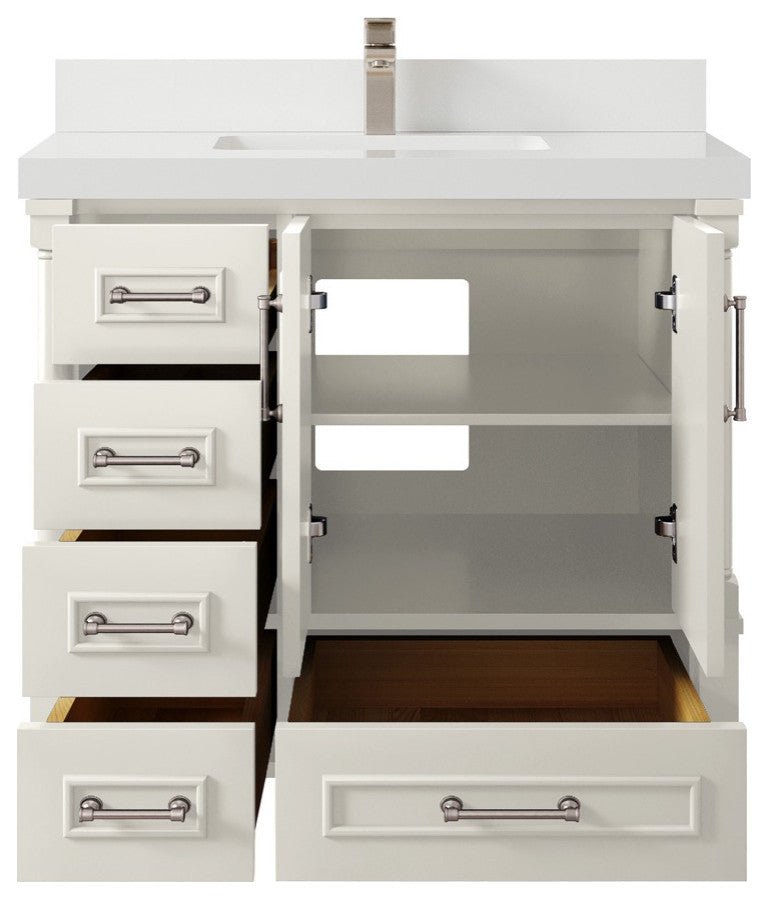 Aberdeen 36" Center Sink Bath Vanity, Alabaster 2" White Quartz