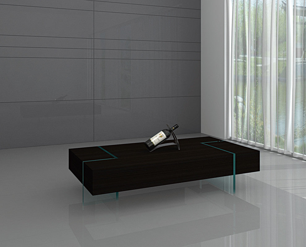 Modern Rectangular Coffee Table With 15MM Thick Glass Base, Wenge, 12'' Height