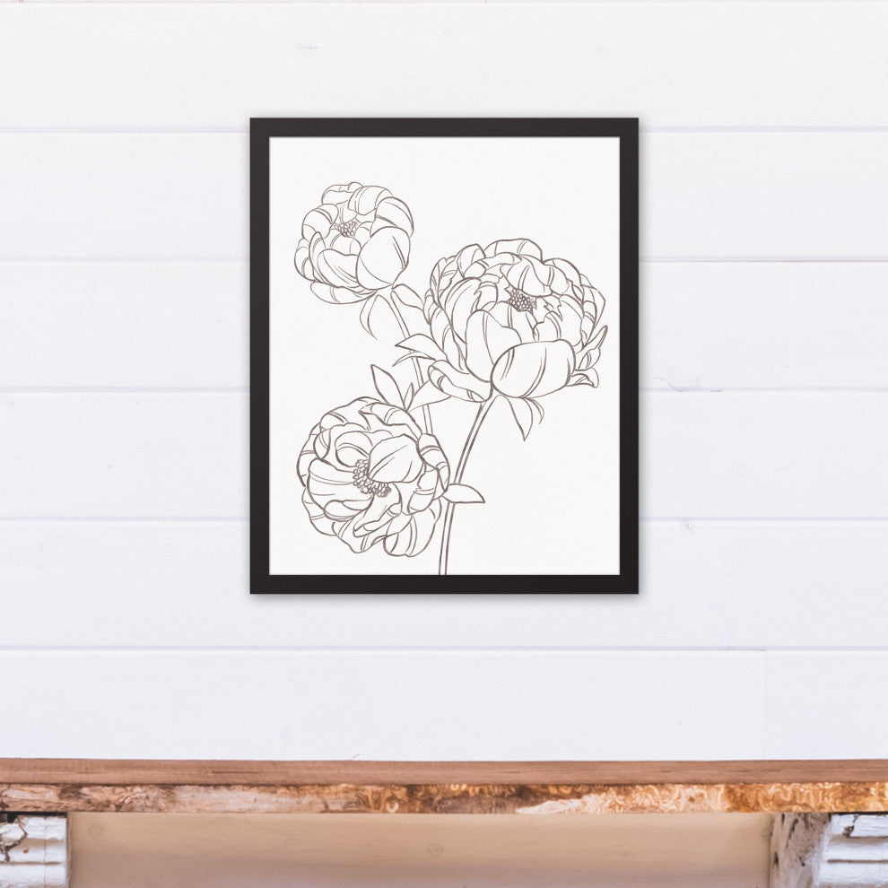 Gray Peony Sketch 16x20 Black Framed Canvas