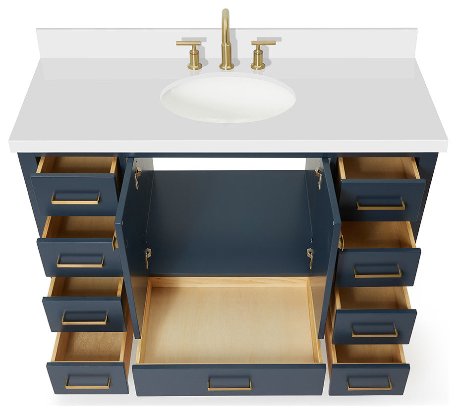 ARIEL Cambridge 49" Oval Sink Blue Bathroom Vanity Quartz Top, No Mirror