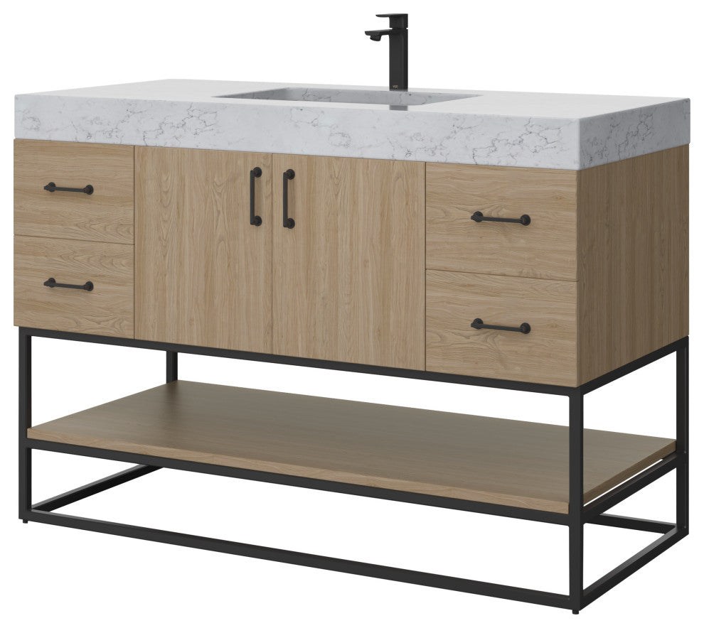 Bahia Bath Vanity, Oak, 48", Matte Black Hardware, Single, Freestanding