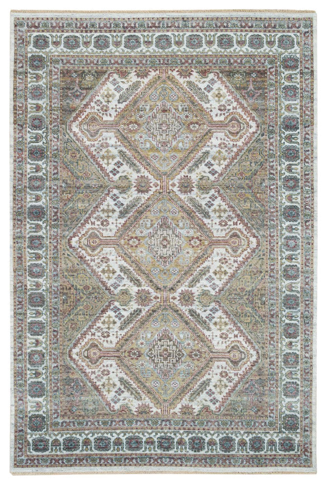 Ivory Shiraz Rosettes Flower Border Hand Knotted Wool Oriental Rug, 6'1"x9'