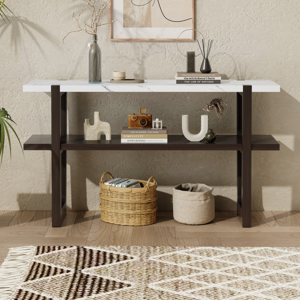 TATEUS Narrow Console Table with Marble-Effect Top for Entryway and Living Room, Espresso
