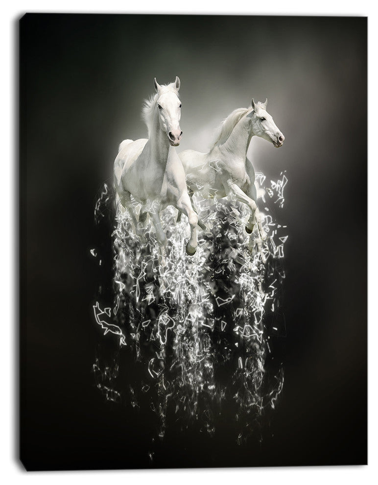 Fantasy White Horses on Black, Animal Canvas Art Print, 30"x40"