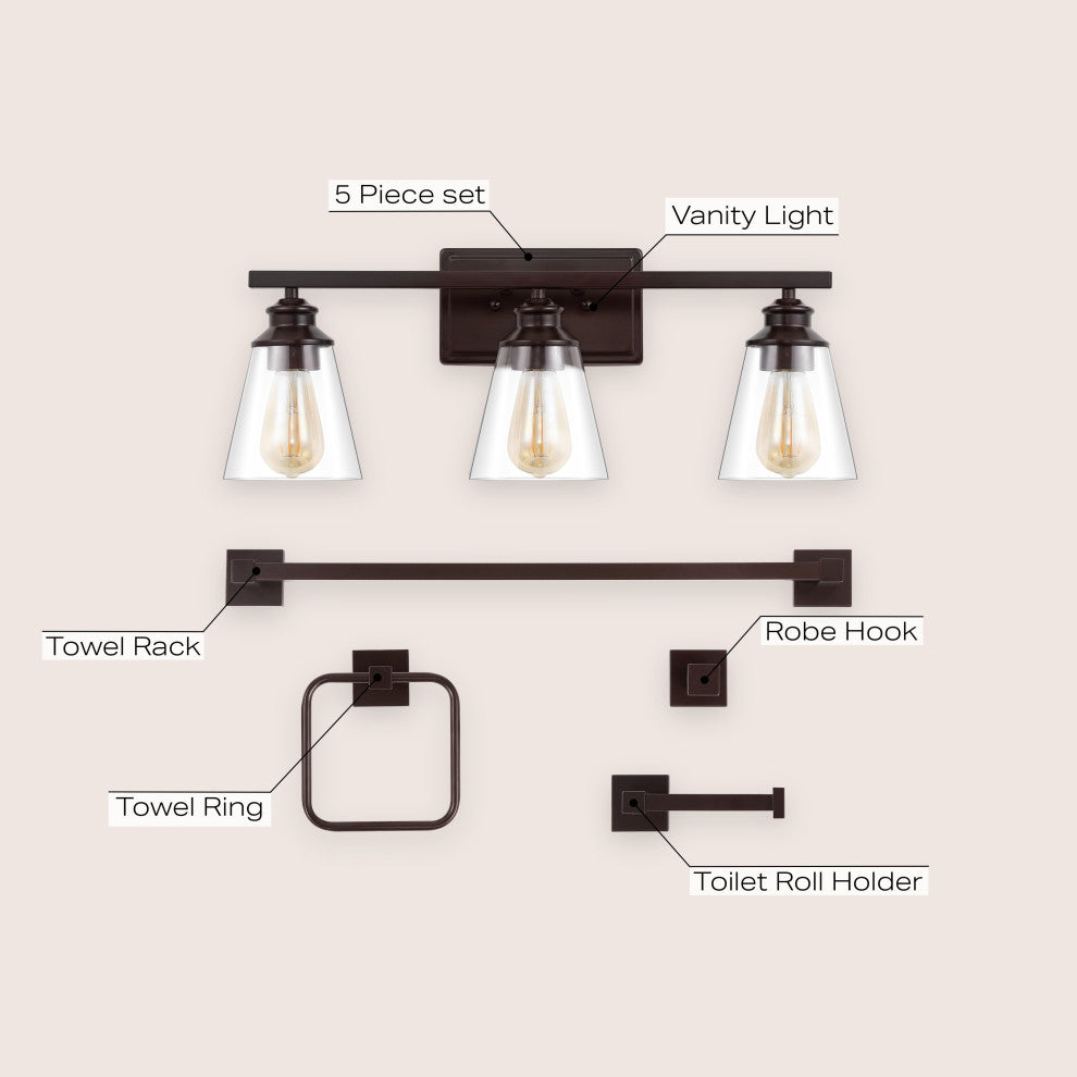 3-Light Vintage Classic Vanity Light, Bathroom Hardware Accessory Set, 5-Piece