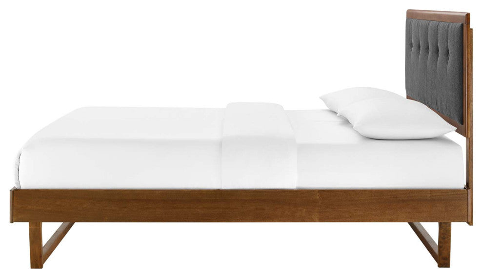 Platform Bed Frame, Queen Size, Fabric, Wood, Brown Walnut Gray, Modern