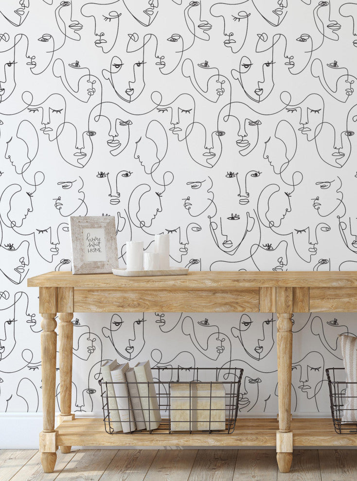 Minimalist Faces Line Art Peel and Stick Vinyl Wallpaper, Black, 24"w X 60"h