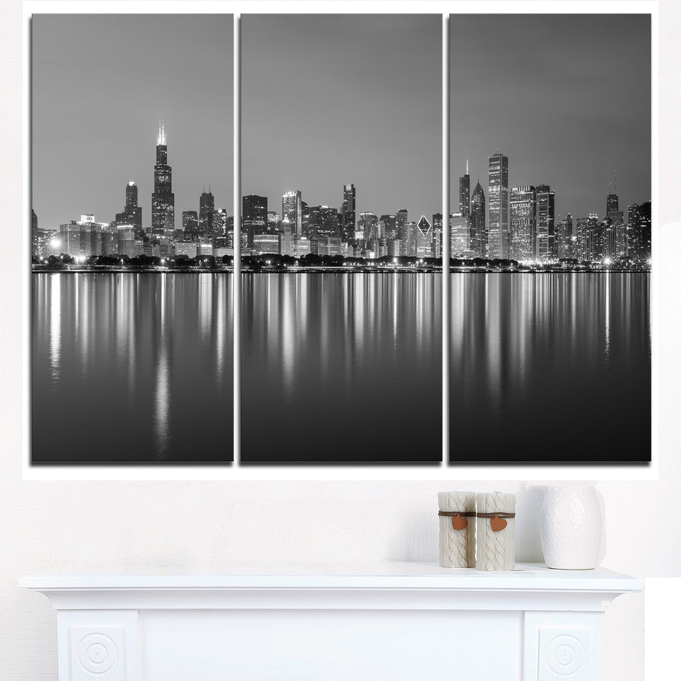 "Chicago Skyline at Night Black and White" Metal Wall Art, 3 Panels, 36"x28"
