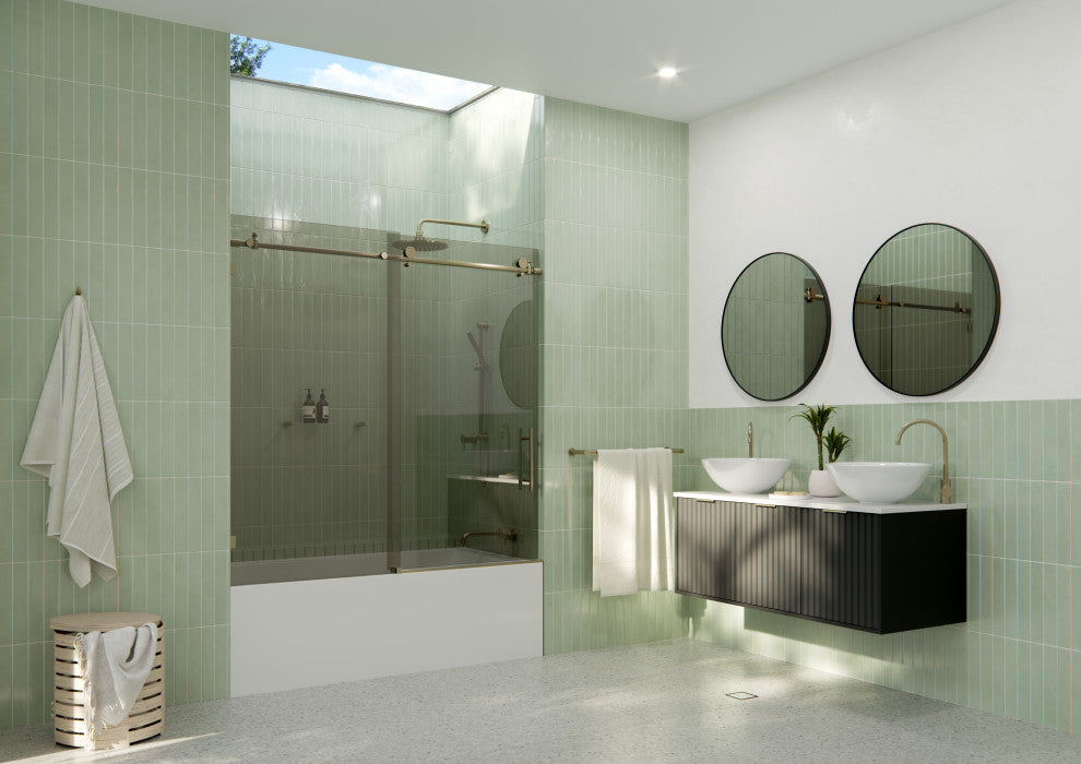 Equinox 60"x60" Frameless Glass Bath Slider, Gray Tint, Brushed Bronze