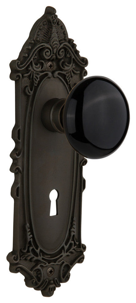 Victorian Plate With Keyhole Passage Porcelain Knob, Oil Rubbed Bronze