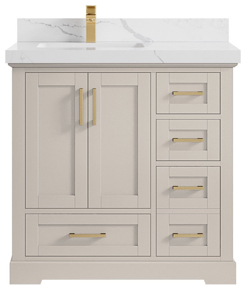 Boston 36" Left Offset Bath Vanity in Fine Grain 2" Calacatta Laza