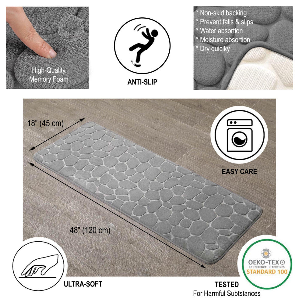 Bath Rug Memory Foam Mat 3D Pebble, Light Gray, Runner Mat 48"