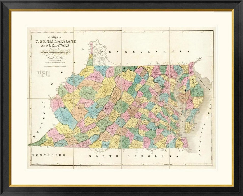 "Map of Virginia, Maryland and Delaware, 1839"  by David H. Burr, 46x37"