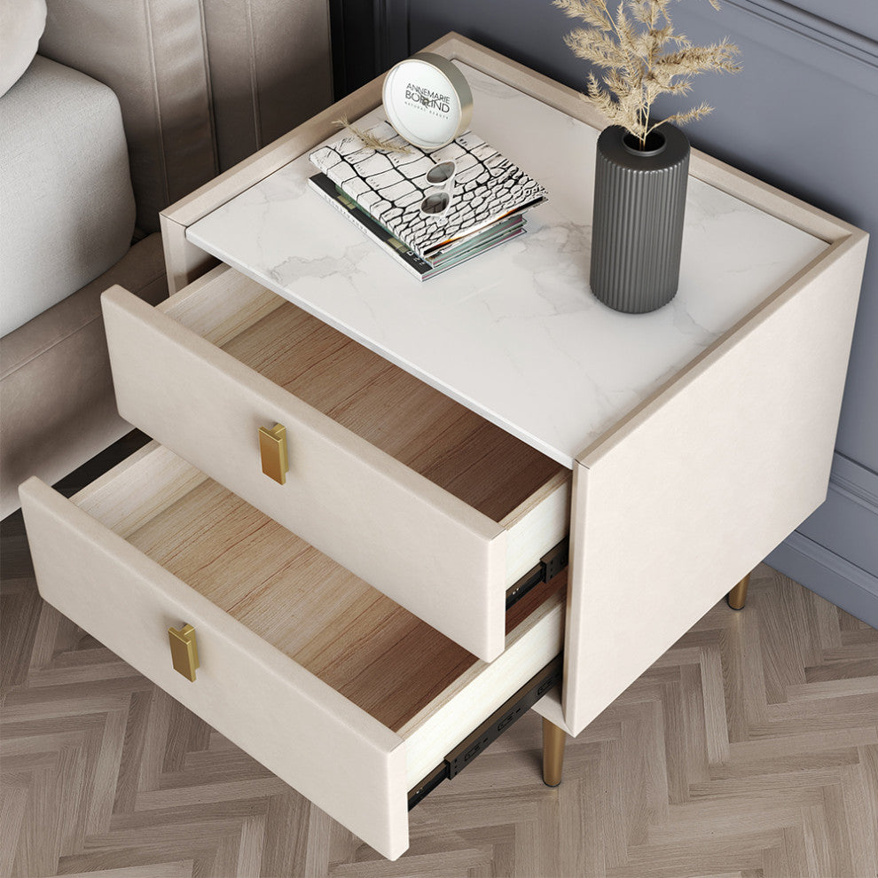 2 Drawers Nightstand PU Leather Bedside Table Nightstand with Gold Metal Legs