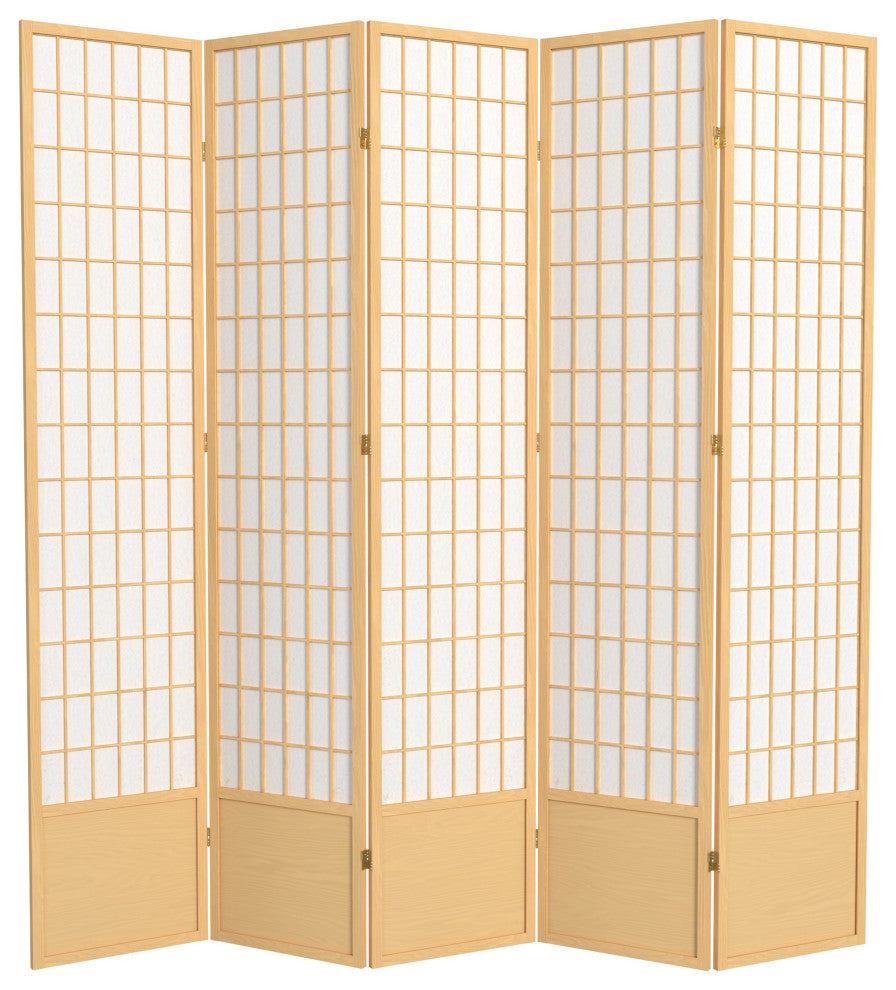 7' Tall Window Pane Shoji Screen, Natural, 5 Panels