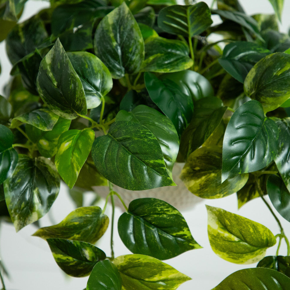 24in. Prelit UV Resistant Artificial Pothos, White Hanging Basket