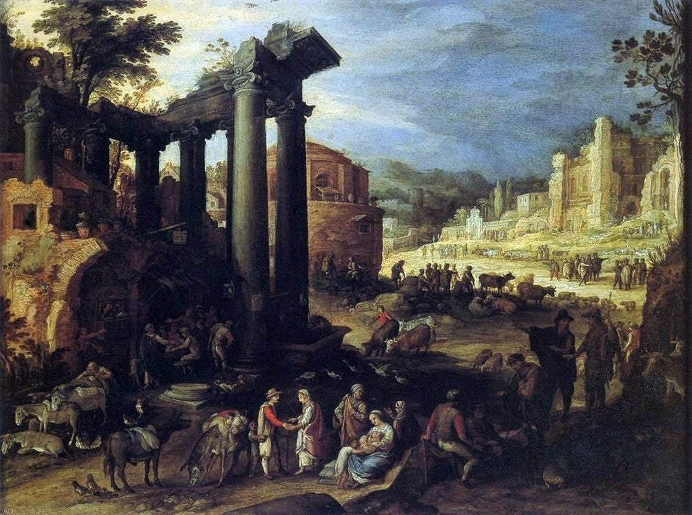 Paul Bril The Campo Vaccino with a Gypsy Woman Reading a Palm Wrapped Canvas