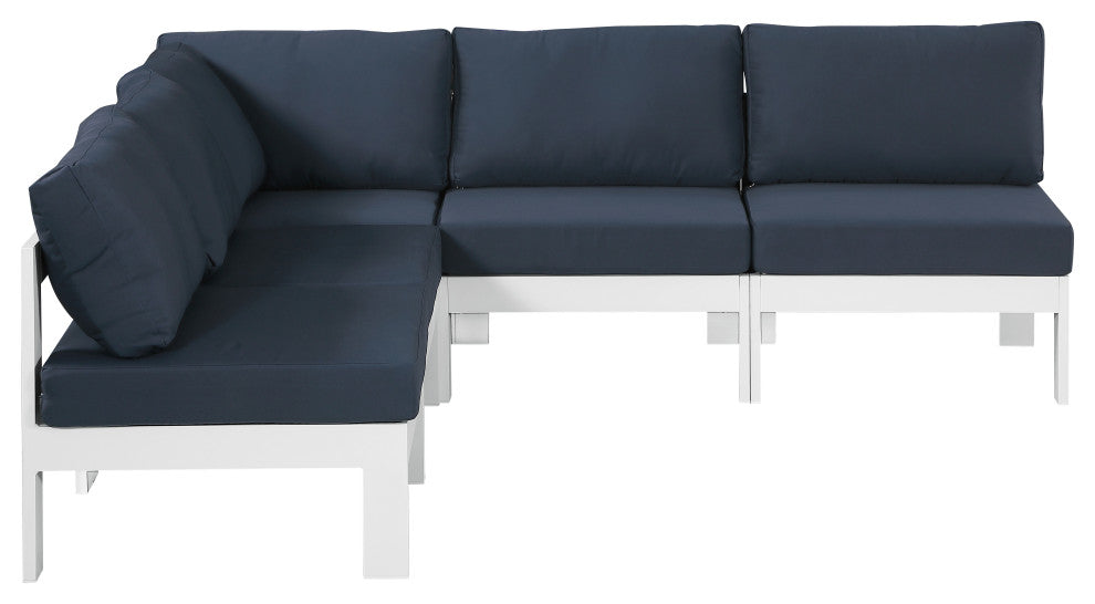 Nizuc Water Resistant Patio L-Shaped Modular Sectional, Navy, 5-Piece: 4 Armless Chair, 1 Corner Chair, White Aluminum Frame