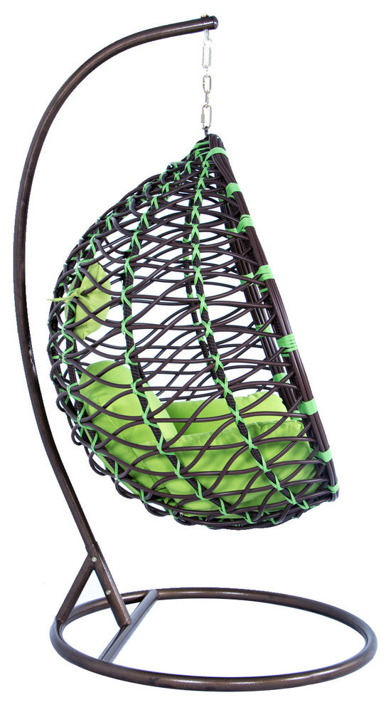 Outdoor Patio Hanging Hammock Wicker Egg Swing Lounge Chair with Green Cushion