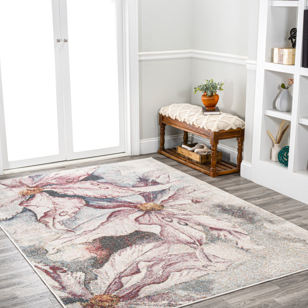 Pastello Modern Abstract Muted Flowers Area Rug, Pink/Gray, 3x5