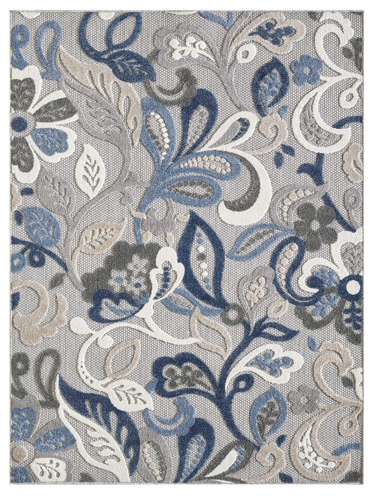 5' X 7' Blue And Gray Floral Stain Resistant Indoor Outdoor Area Rug