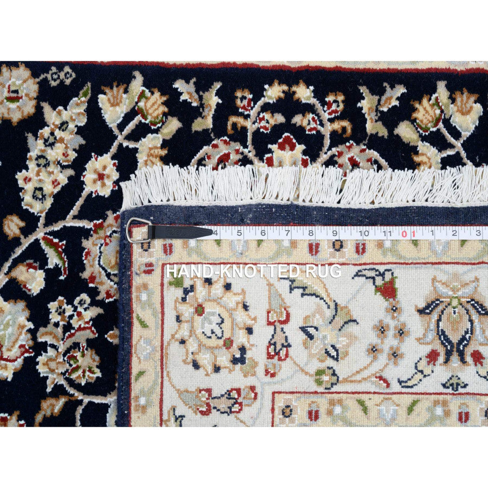 Midnight Blue, Wool and Silk Hand Knotted, Nain Fine Runner Rug, 2'8" x 9'10"
