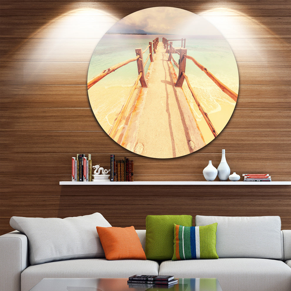 Wooden Pier At Gili Island, Sea Bridge Round Wall Art, 23"