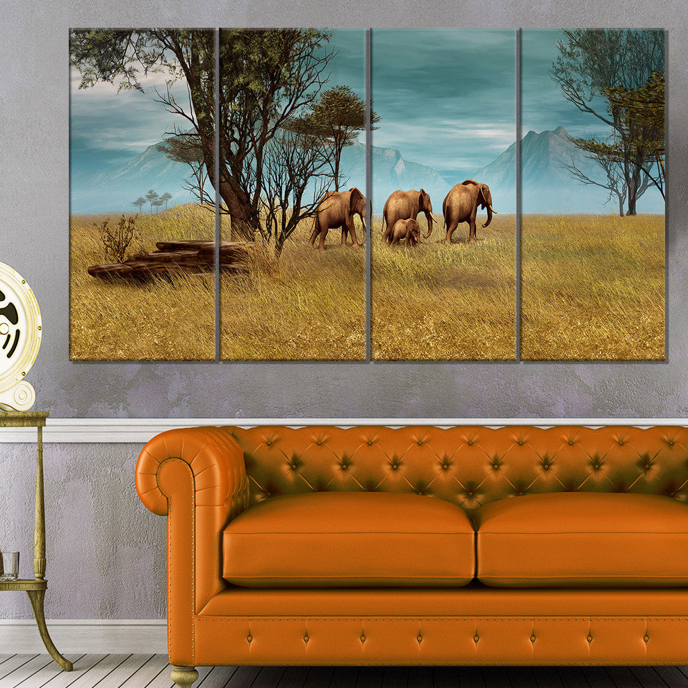 African Elephants Panorama, African Canvas Art Print, 48"x28", 4 Panels