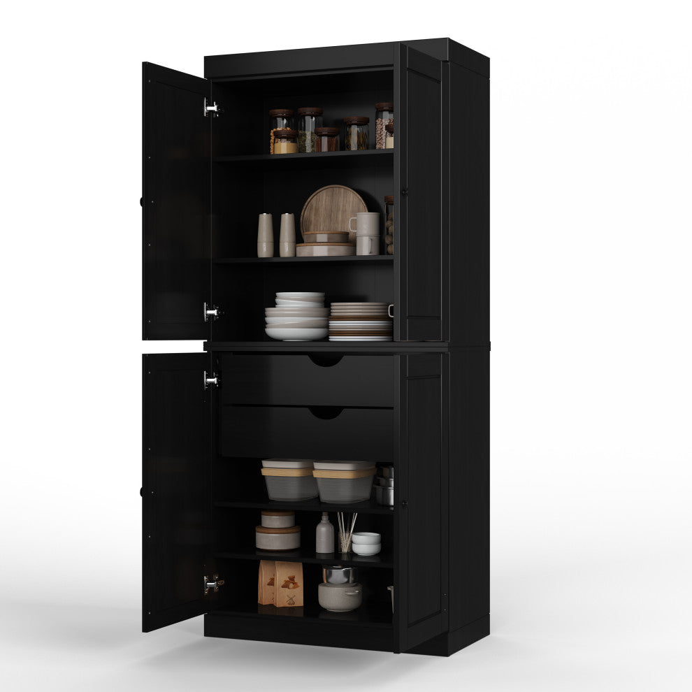 100% Solid Wood 32" Kitchen Pantry with Solid Doors, 2-Drawers, Black