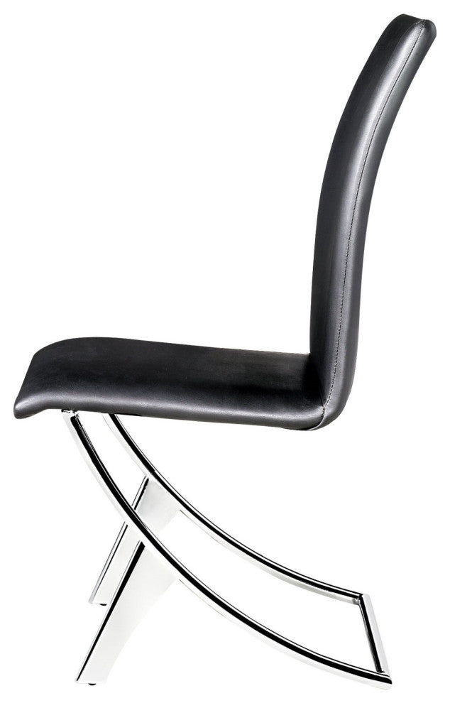 Dining Chair, Set of 2, Faux Vinyl Leather, Steel, Black, Chrome, Cafe Bistro