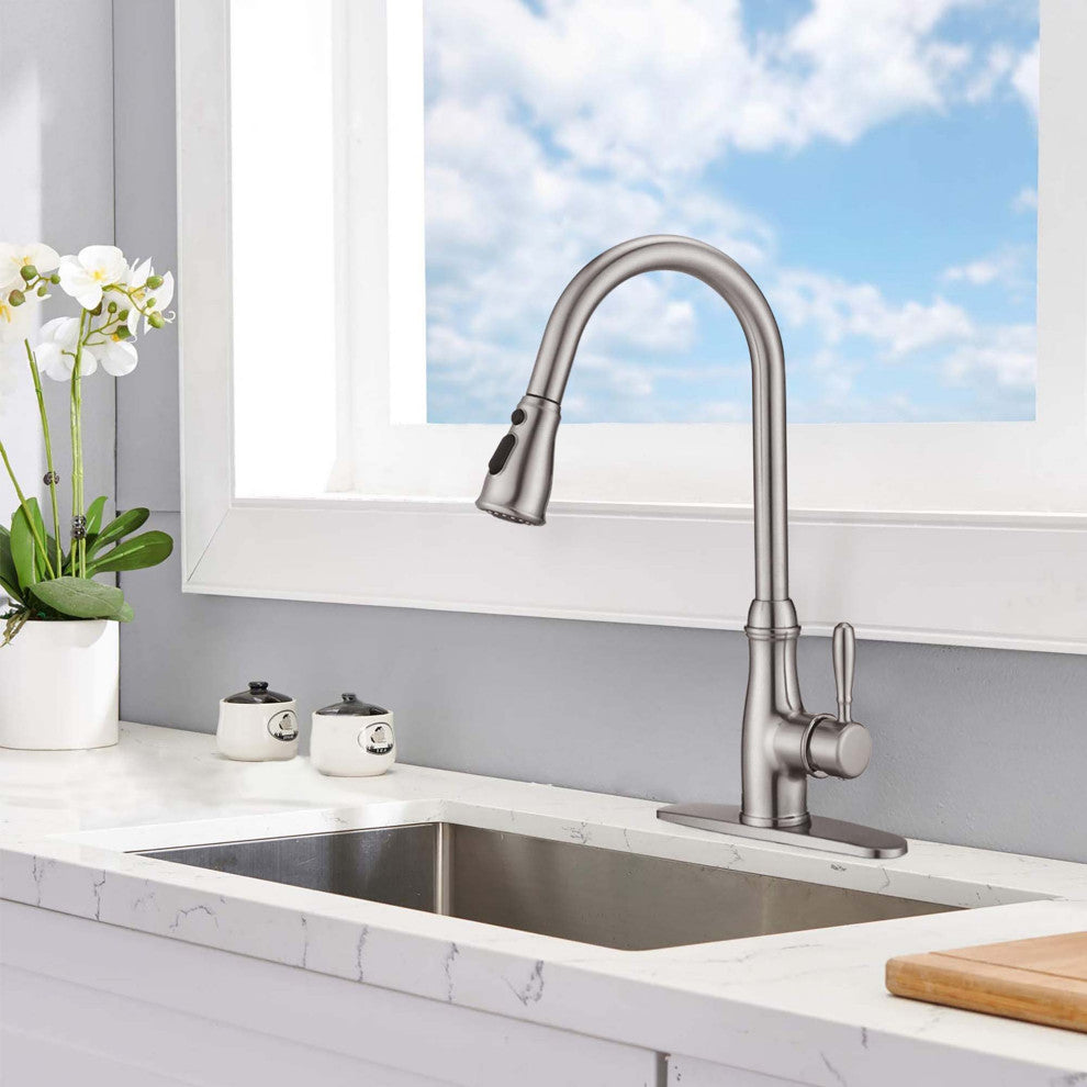 Single Handle Deck Mounted High Arc Kitchen Faucet with Pull Out Sprayer