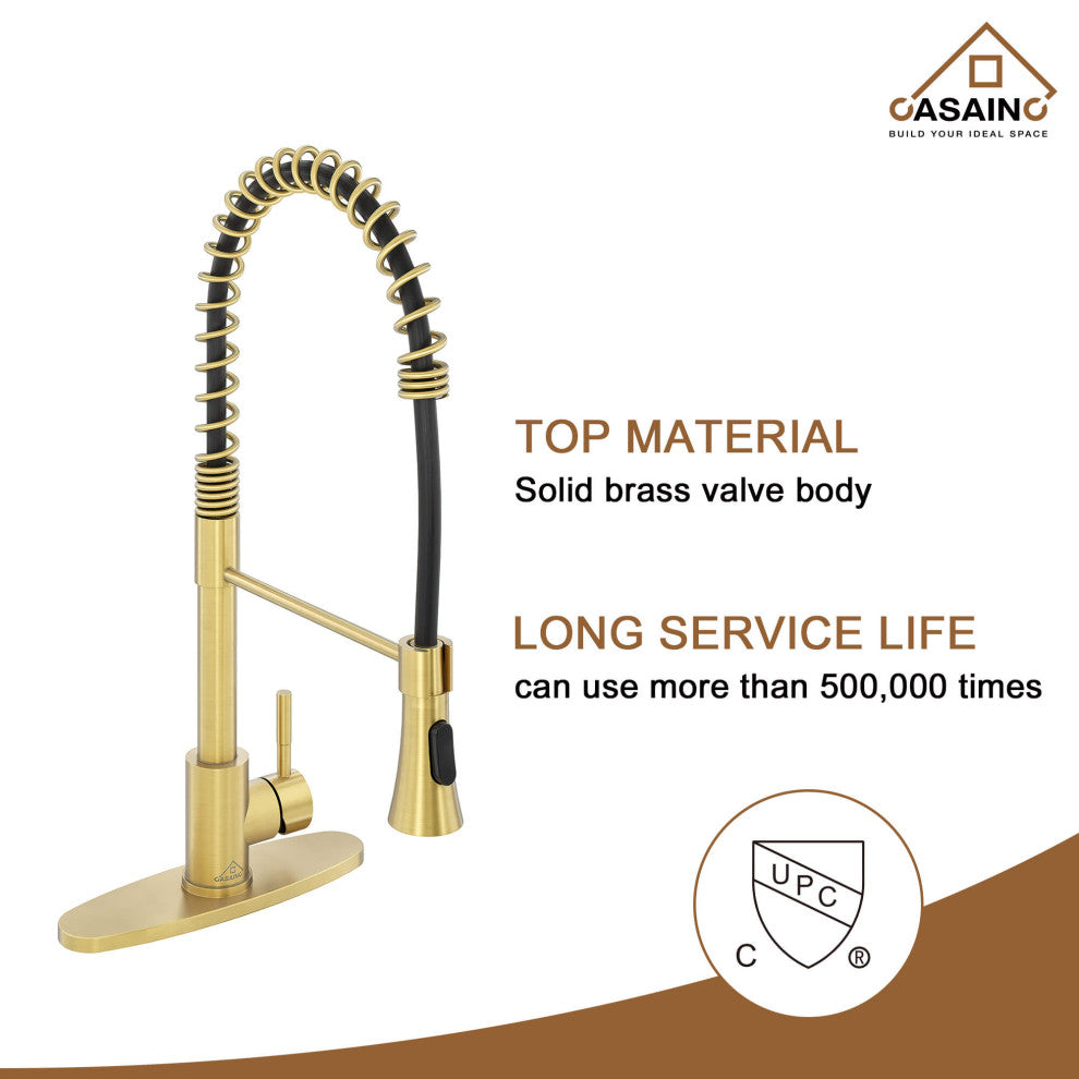 Spring Standard Kitchen Faucet with Dual-Function Spray Head and Deck Plate, Brushed Gold