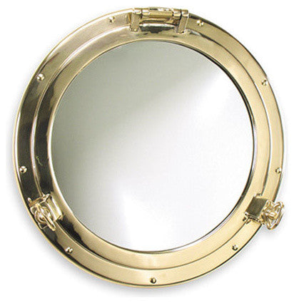 Heavy Duty Solid Brass Porthole Mirror by Shiplights for Interior/Exterior Use, Unlacquered Polished Brass, 11.8" Diameter