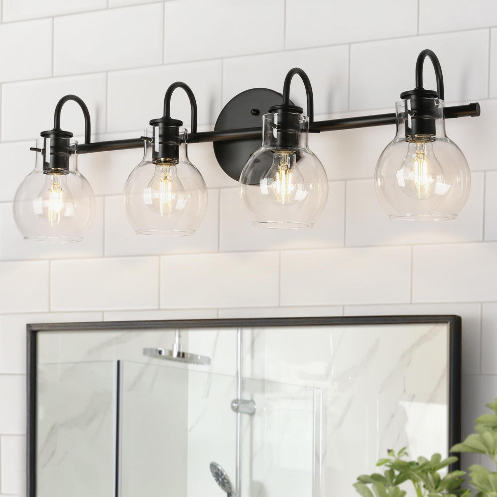 LNC Modern Matte Black Globe Clear Glass Bathroom Vanity Light, 4 Lights
