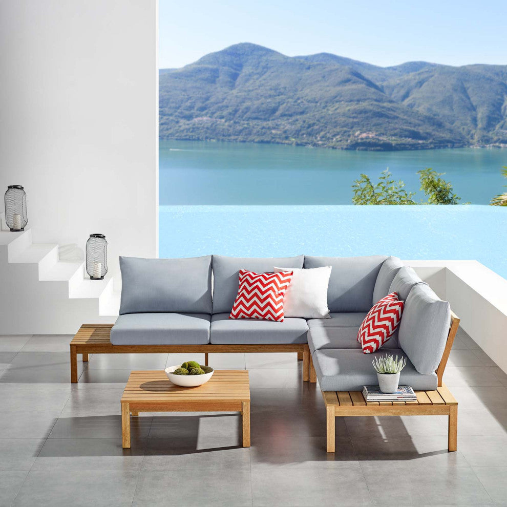 Lounge Sectional Sofa Chair Set, Wood, Brown Natural Blue, Modern, Outdoor Patio