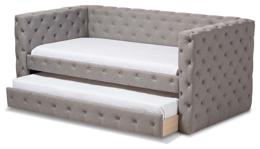 Raven Fabric Tufted Upholstered Daybed With Trundle, Twin Size, Gray