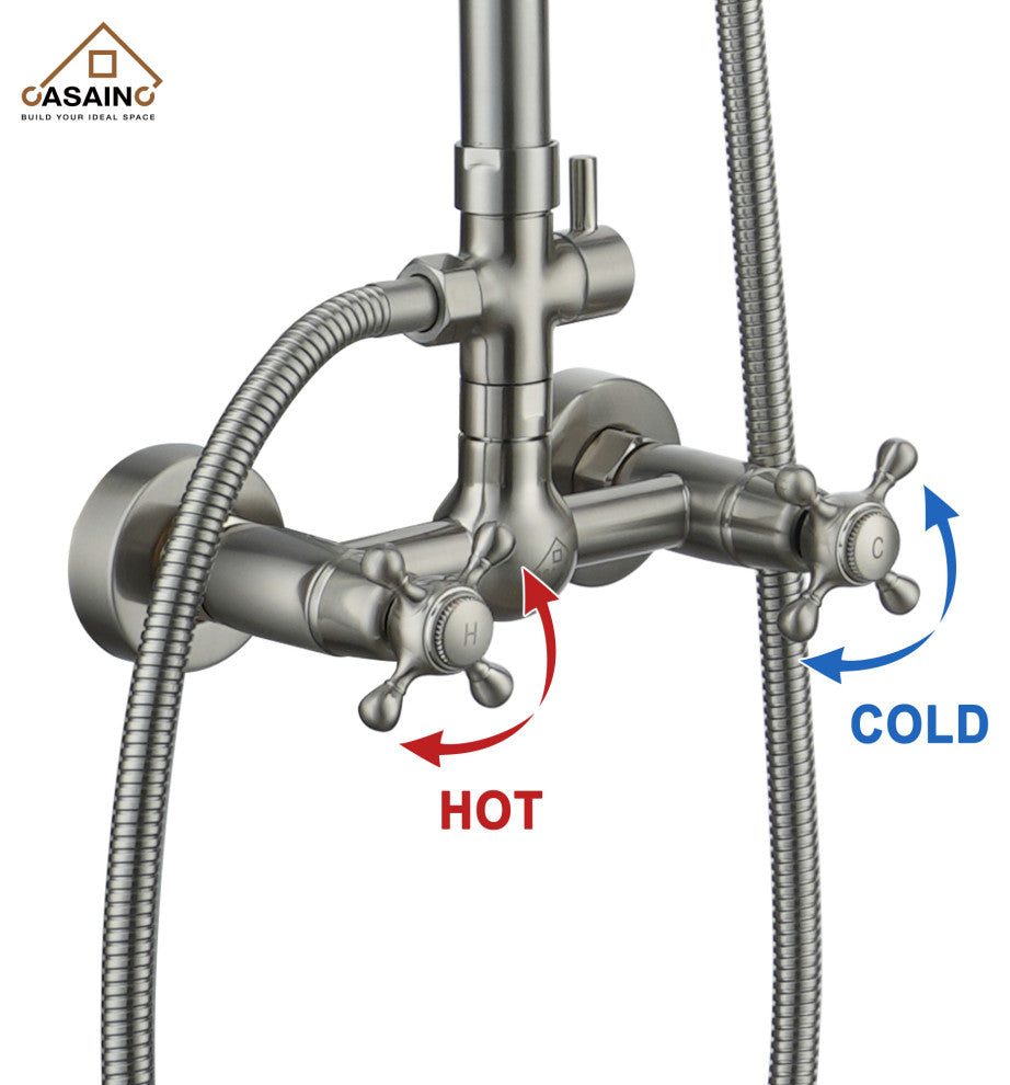 10inch Wall Mount Exposed Pipe Rainfall Shower System with Hand Shower, Brushed Nickel