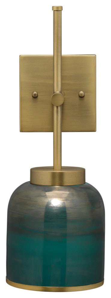 Jaime Young Vapor Single Sconce, Antique Brass and Aqua Metallic Glass