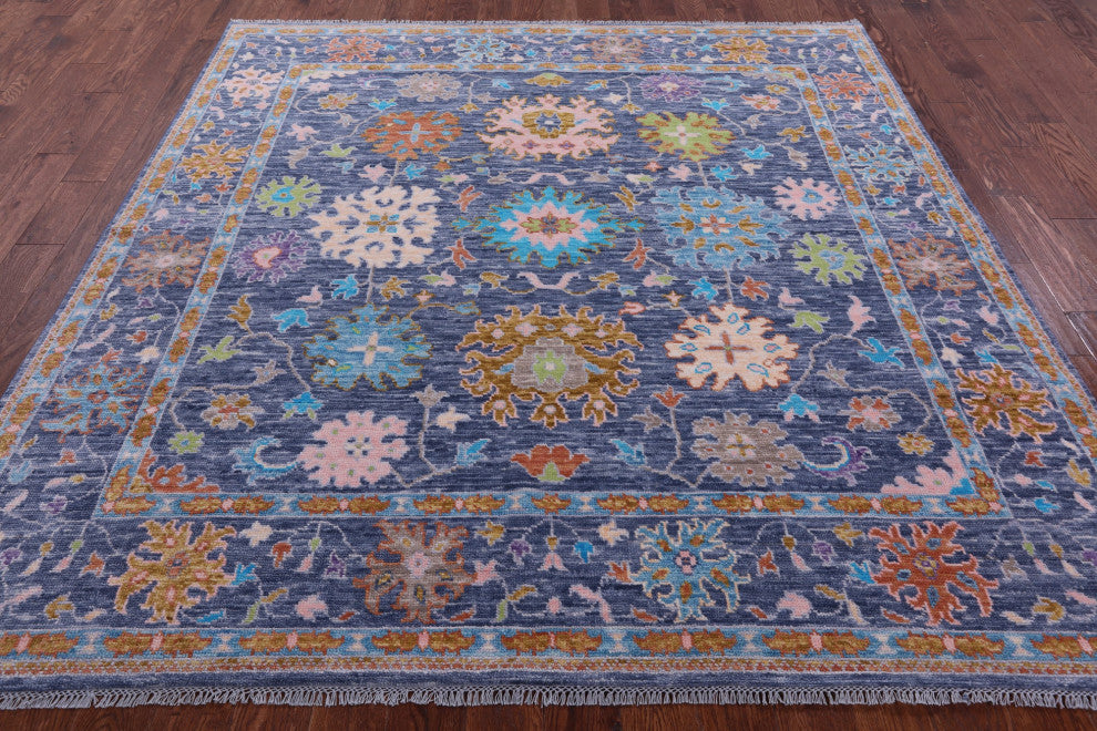 8' Square Hand-Knotted Turkish Oushak Wool Rug - Q15668