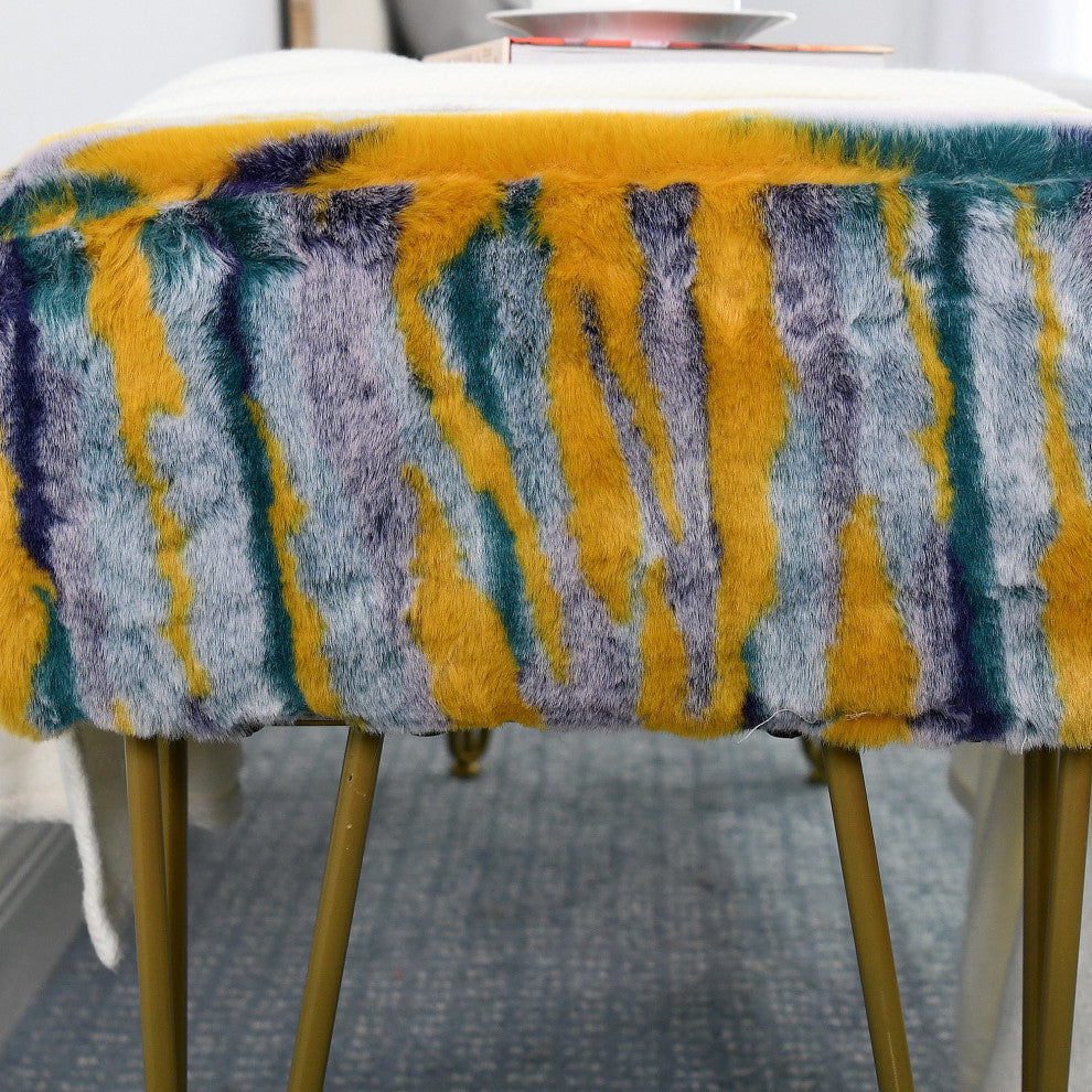 Multi Jacquard Faux Fur Ottoman, Teal, 46"x16"x7"