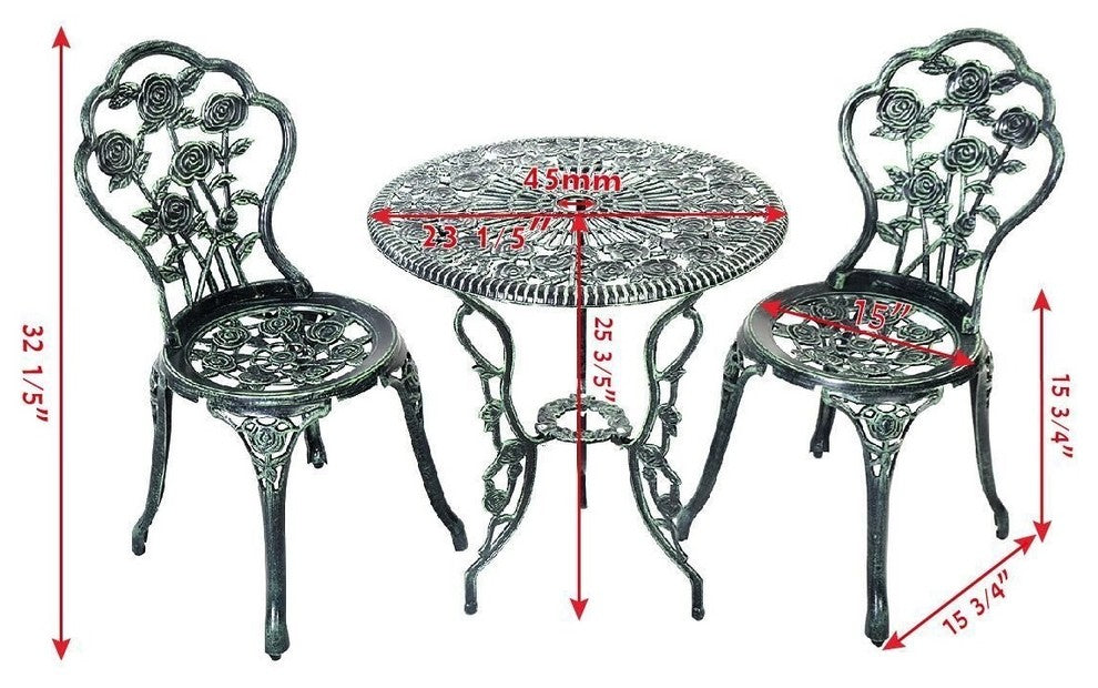 3-Piece Bistro Set, Garden Round Table and Chairs, Rose Design