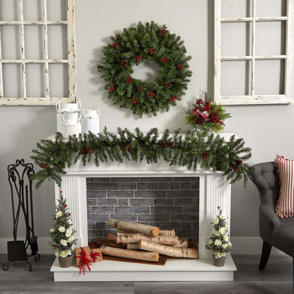 6' Mixed Alaskan Pines and Pinecones Faux Xmas Garland 50 Warm White LED Lights