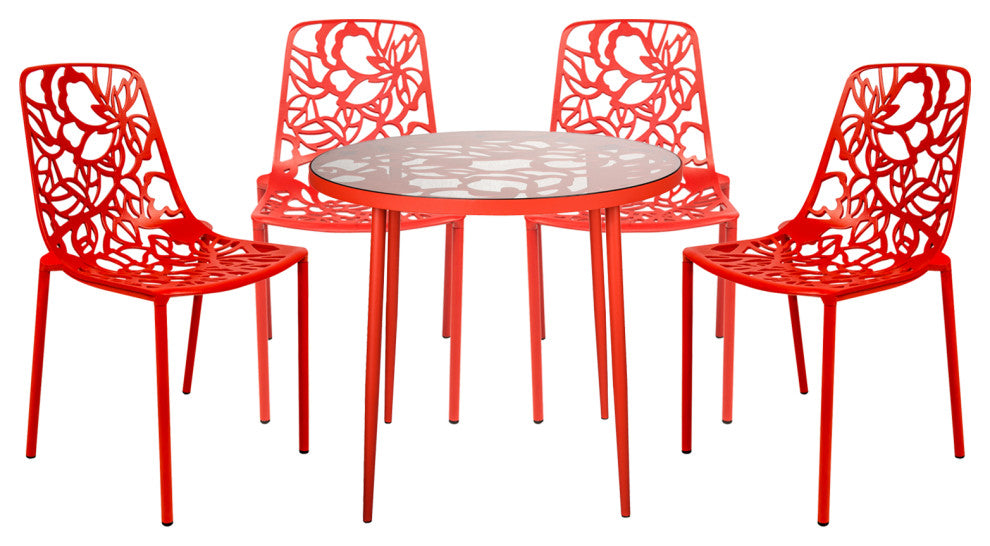LeisureMod Devon 5-Piece Aluminum Patio Dining Set With Table and 4 Chairs, Red