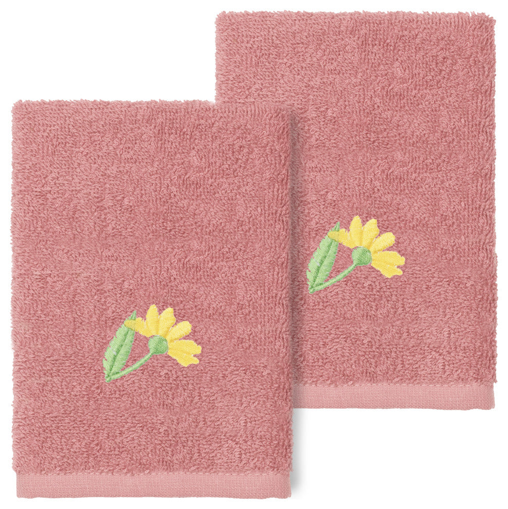 Linum Home Turkish Cotton Daisy 2-Piece Embellished Washcloth Set, Tea Rose