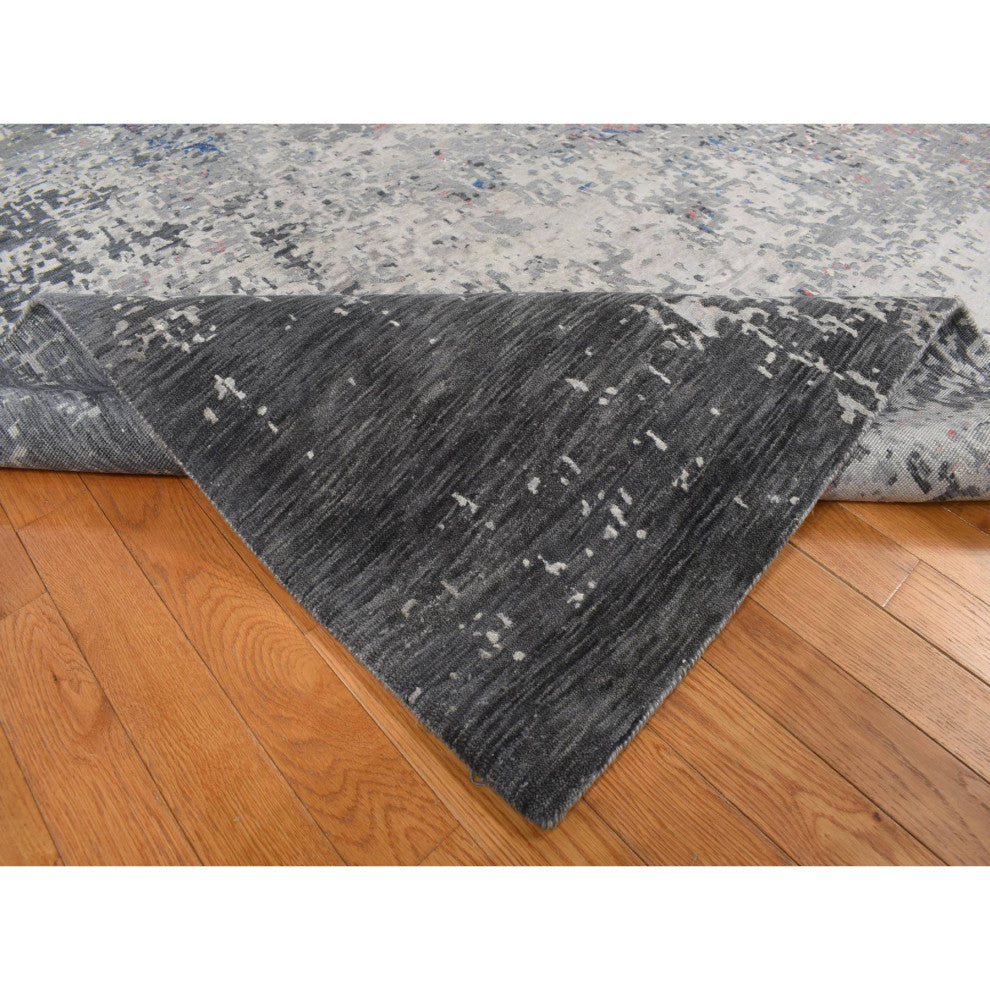 Arsenic Gray, Wool and Silk, Erased Heriz Design Hand Knotted Rug, 9'2"x12'