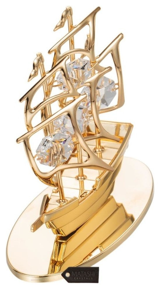 24K Gold Plated Crystal Studded Mayflower Sailing Ship Ornament